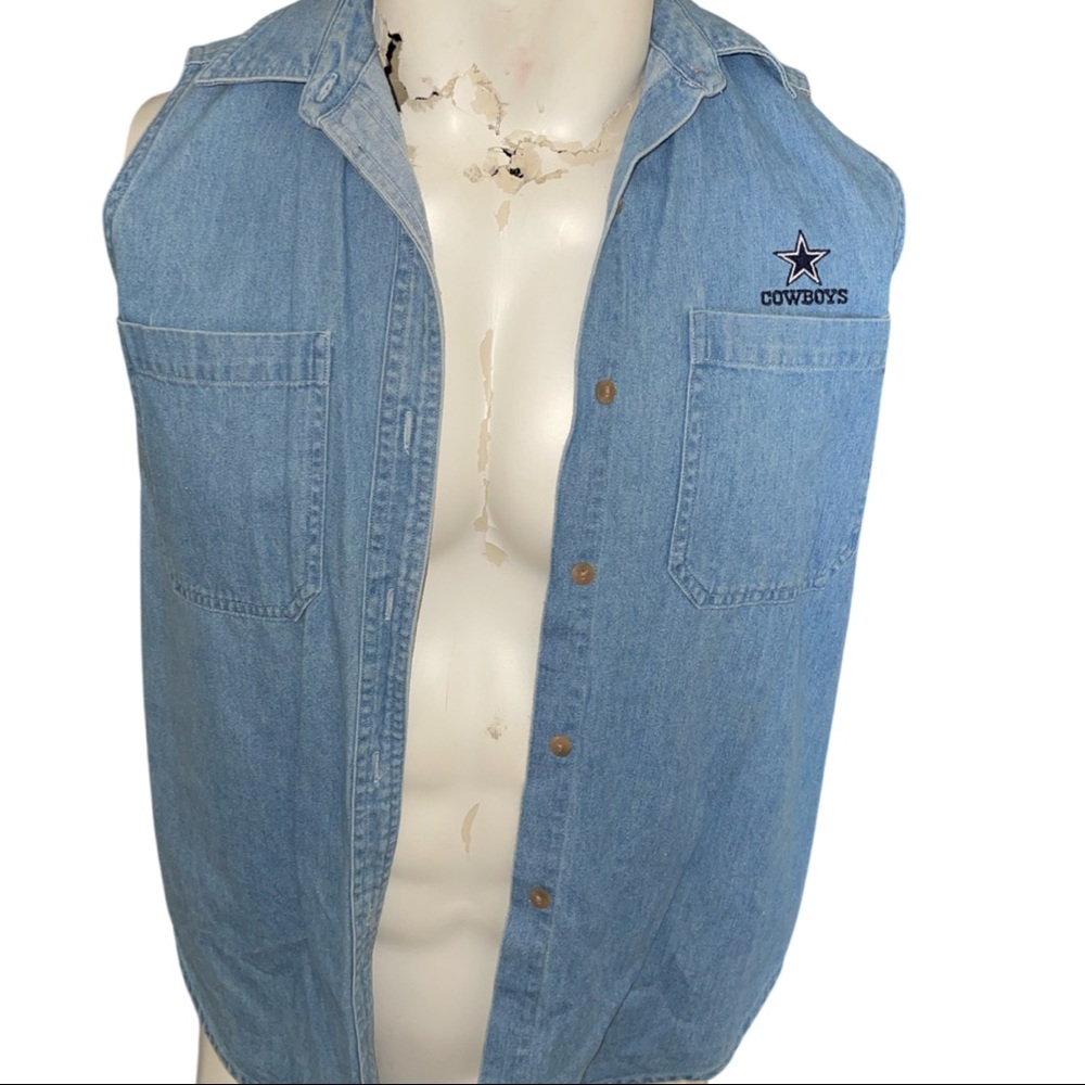 Vintage Blue Denim Sleeveless Cowboys Button-Up Shirt
